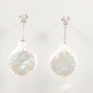 Solid 14k White Gold Diamond & Baroque Coin Pearl Dangle Earrings