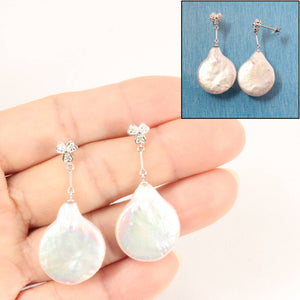 Solid 14k White Gold Diamond & Baroque Coin Pearl Dangle Earrings