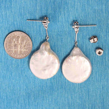 Load image into Gallery viewer, Solid 14k White Gold Diamond &amp; Baroque Coin Pearl Dangle Earrings