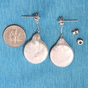 Solid 14k White Gold Diamond & Baroque Coin Pearl Dangle Earrings