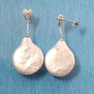 Solid 14k White Gold Diamond & Baroque Coin Pearl Dangle Earrings