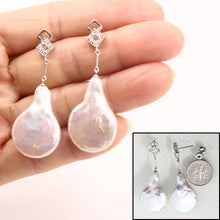 Load image into Gallery viewer, Solid 14k White Gold Diamond &amp; Baroque Coin Pearl Dangle Earrings