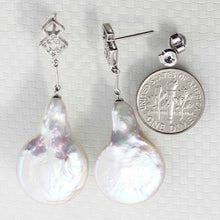 Load image into Gallery viewer, Solid 14k White Gold Diamond &amp; Baroque Coin Pearl Dangle Earrings