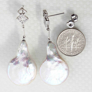 Solid 14k White Gold Diamond & Baroque Coin Pearl Dangle Earrings