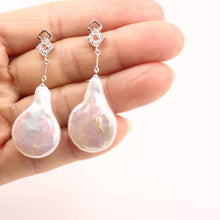 Load image into Gallery viewer, Solid 14k White Gold Diamond &amp; Baroque Coin Pearl Dangle Earrings