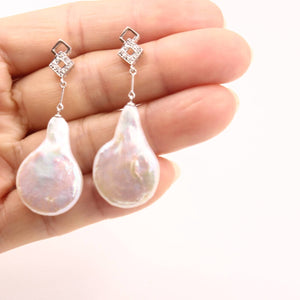 Solid 14k White Gold Diamond & Baroque Coin Pearl Dangle Earrings