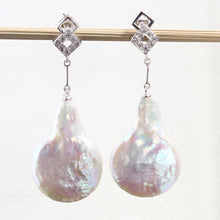 Load image into Gallery viewer, Solid 14k White Gold Diamond &amp; Baroque Coin Pearl Dangle Earrings