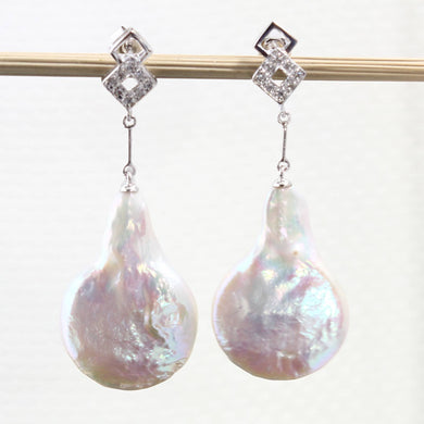 Solid 14k White Gold Diamond & Baroque Coin Pearl Dangle Earrings
