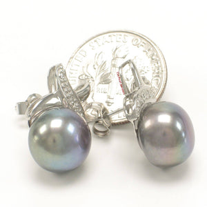 Solid 14k White Gold Diamond & Black-Gray-Green Pearl Stud Earrings