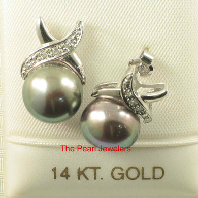 Solid 14k White Gold Diamond & Black-Gray-Green Pearl Stud Earrings