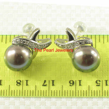 Load image into Gallery viewer, Solid 14k White Gold Diamond &amp; Black-Gray-Green Pearl Stud Earrings