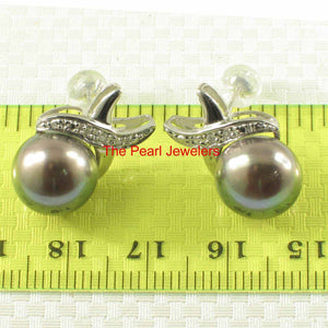 Solid 14k White Gold Diamond & Black-Gray-Green Pearl Stud Earrings