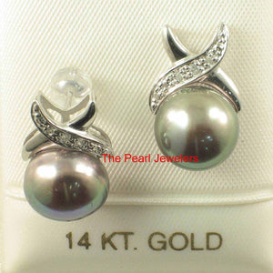 Solid 14k White Gold Diamond & Black-Gray-Green Pearl Stud Earrings