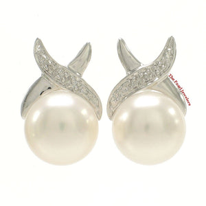 Solid 14k White Gold Diamond & White Pearl Stud Earrings