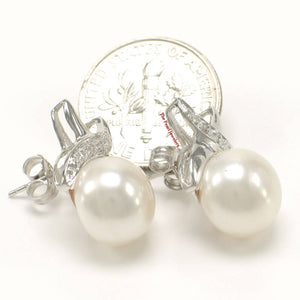 Solid 14k White Gold Diamond & White Pearl Stud Earrings