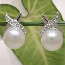 Load image into Gallery viewer, Solid 14k White Gold Diamond &amp; White Pearl Stud Earrings