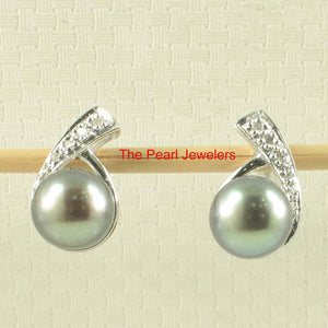 Solid 14k White Gold Eight-Diamond Black-Blue Pearl Stud Earrings