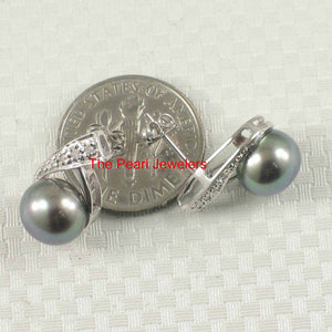 Solid 14k White Gold Eight-Diamond Black-Blue Pearl Stud Earrings