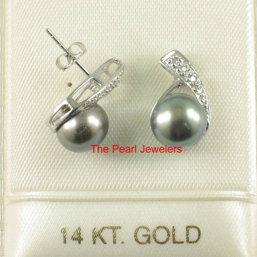 Solid 14k White Gold Eight-Diamond Black-Blue Pearl Stud Earrings