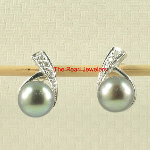 Solid 14k White Gold Eight-Diamond Black-Blue Pearl Stud Earrings