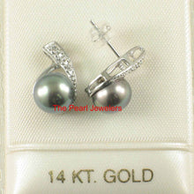 Load image into Gallery viewer, Solid 14k White Gold Eight-Diamond Black-Blue Pearl Stud Earrings
