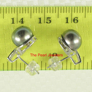 Solid 14k White Gold Eight-Diamond Black-Blue Pearl Stud Earrings
