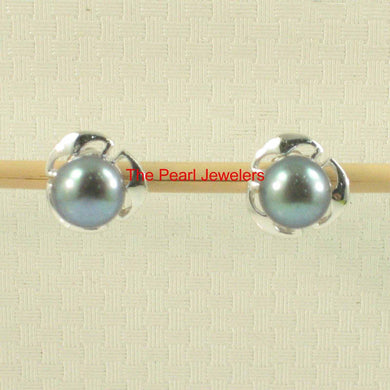 Solid 14k White Gold Encircle Design Black Cultured Pearl Stud Earrings