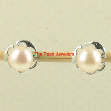 Load image into Gallery viewer, Solid 14k White Gold Encircle Design Peach Cultured Pearl Stud Earrings