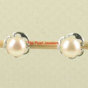 Solid 14k White Gold Encircle Design Peach Cultured Pearl Stud Earrings