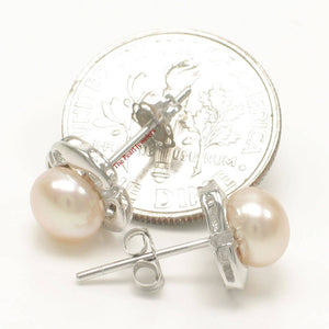 Solid 14k White Gold Encircle Design Peach Cultured Pearl Stud Earrings