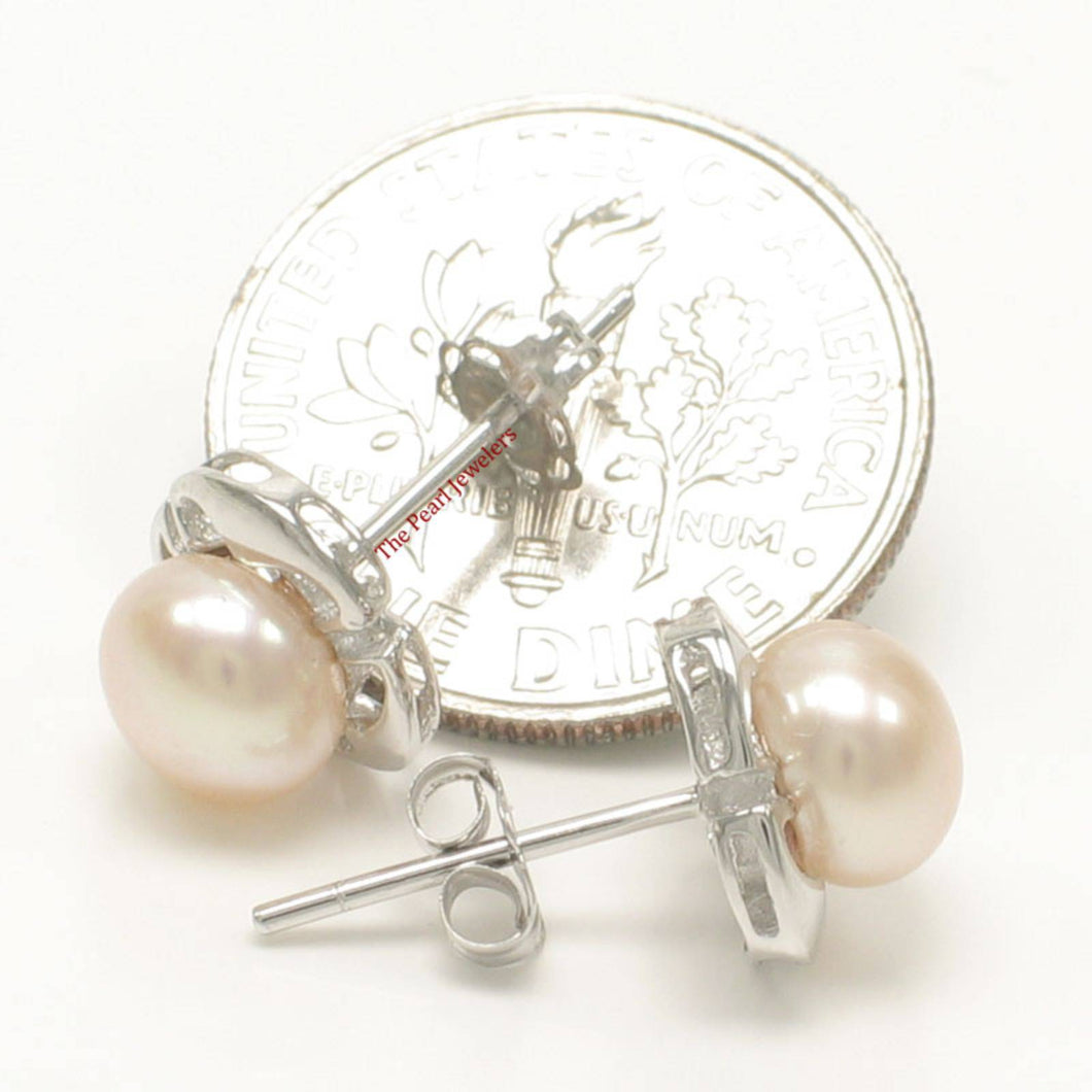Solid 14k White Gold Encircle Design Peach Cultured Pearl Stud Earrings