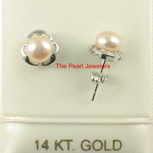 Solid 14k White Gold Encircle Design Peach Cultured Pearl Stud Earrings