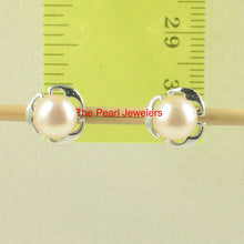 Load image into Gallery viewer, Solid 14k White Gold Encircle Design Peach Cultured Pearl Stud Earrings