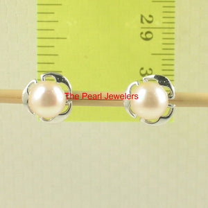 Solid 14k White Gold Encircle Design Peach Cultured Pearl Stud Earrings