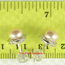 Load image into Gallery viewer, Solid 14k White Gold Encircle Design Peach Cultured Pearl Stud Earrings