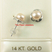 Load image into Gallery viewer, Solid 14k White Gold Encircle Design Peach Cultured Pearl Stud Earrings