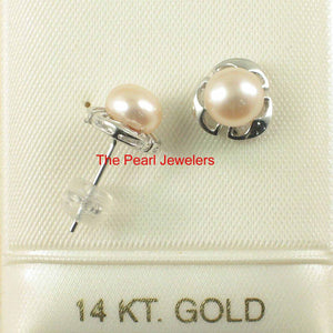 Solid 14k White Gold Encircle Design Peach Cultured Pearl Stud Earrings