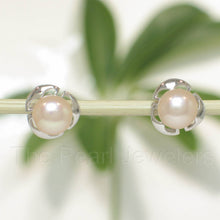 Load image into Gallery viewer, Solid 14k White Gold Encircle Design Peach Cultured Pearl Stud Earrings