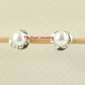 Solid 14k White Gold Encircle Design White Cultured Pearl Stud Earrings