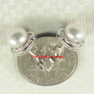Solid 14k White Gold Encircle Design White Cultured Pearl Stud Earrings