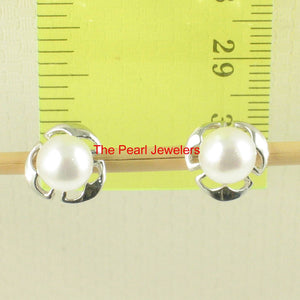 Solid 14k White Gold Encircle Design White Cultured Pearl Stud Earrings