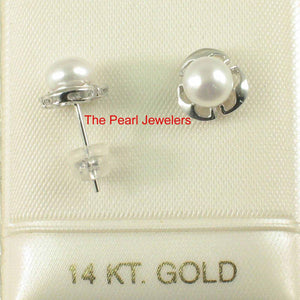 Solid 14k White Gold Encircle Design White Cultured Pearl Stud Earrings