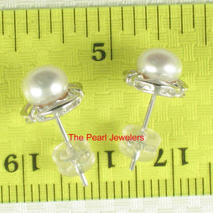 Solid 14k White Gold Encircle Design White Cultured Pearl Stud Earrings
