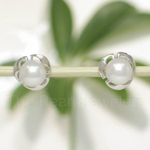 Solid 14k White Gold Encircle Design White Cultured Pearl Stud Earrings