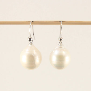 Solid 14k White Gold Fish Hook Baroque White Pearl Dangle Earrings