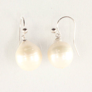 Solid 14k White Gold Fish Hook Baroque White Pearl Dangle Earrings