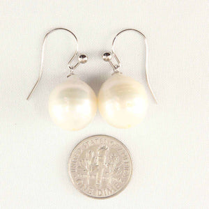 Solid 14k White Gold Fish Hook Baroque White Pearl Dangle Earrings