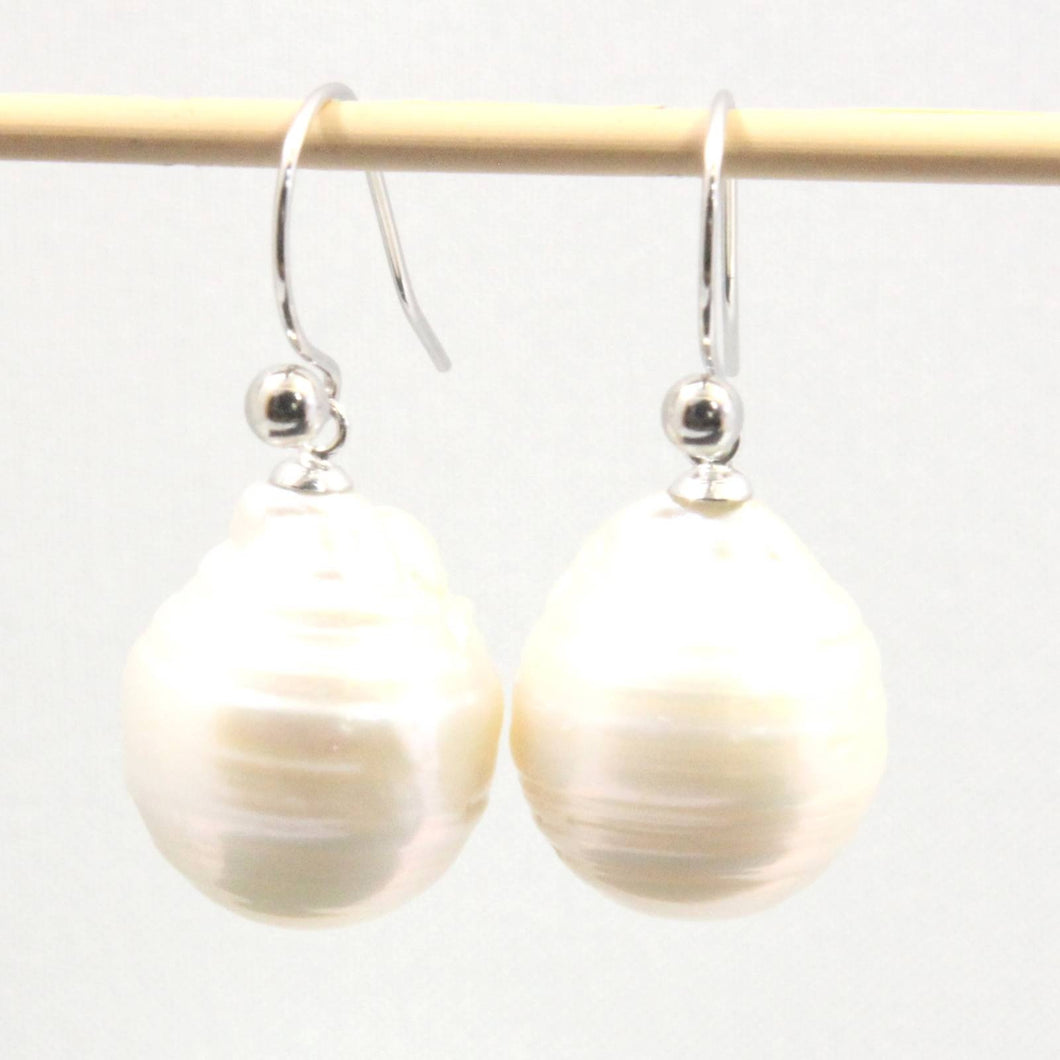 Solid 14k White Gold Fish Hook Baroque White Pearl Dangle Earrings
