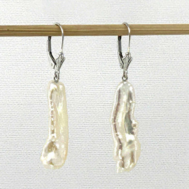 Solid 14k White Gold Leverback Baroque Biwa Pearl Dangle Earrings