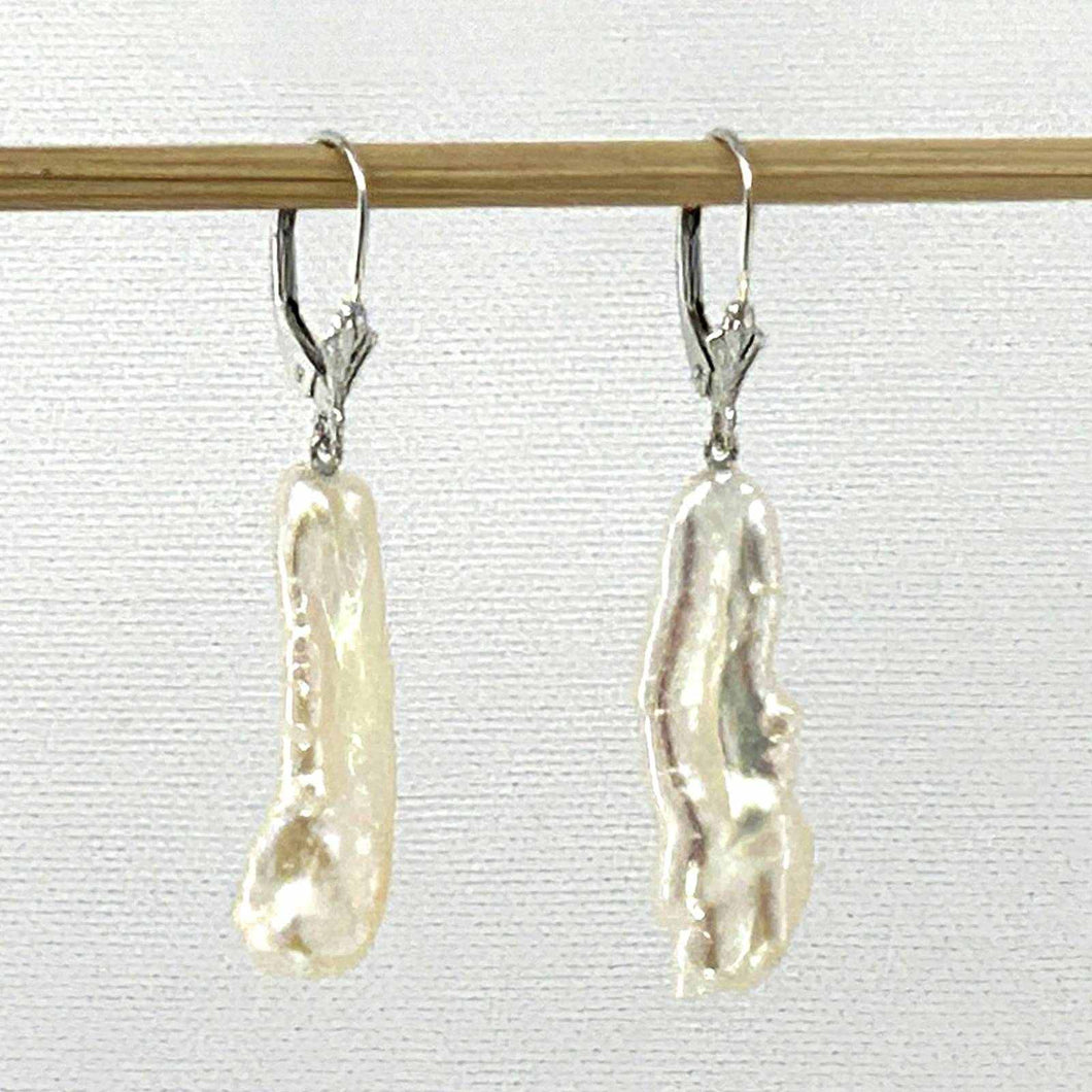 Solid 14k White Gold Leverback Baroque Biwa Pearl Dangle Earrings